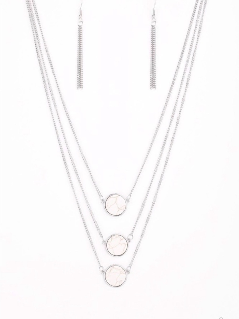 N-70 Silver Layered Necklace Set with White Marble Discs by